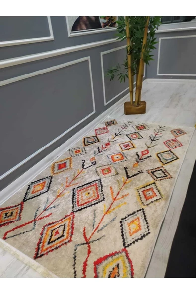 Renkli Çizgili Kilim Desenli Kaymaz Tabanlı Yıkanabilir Leke Tutmaz Dot Taban Halı Drk8072-4 - 2