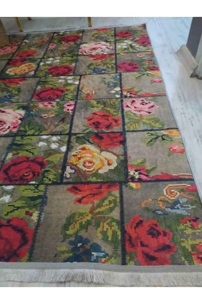 Kaymaz Tabanlı Yıkanabilir Karabağ Kilim Desenli Dot Taban Halı - 4