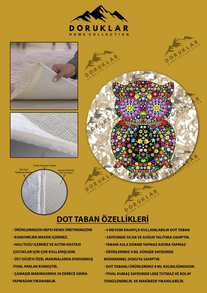 Dijital Baskı Kaymaz Taban Yıkanabilir Baykuş Figürlü Yuvarlak Halı - 2