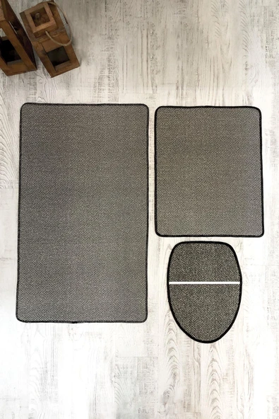 Bambu Kumaş Deri Tabanlı Yıkanabilir Kaymaz Tabanlı Modern Desenli 3'lü Klozet Takımı Banyo Paspas Seti - 3