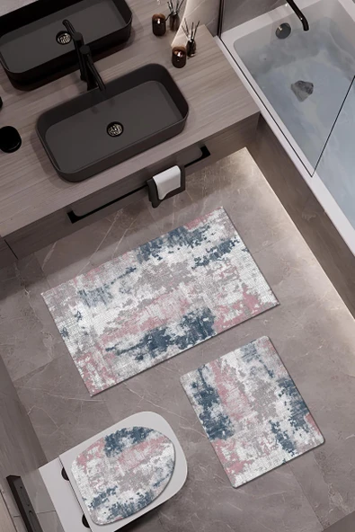Bambu Kumaş Deri Tabanlı Yıkanabilir Kaymaz Tabanlı Modern Desenli 3'lü Klozet Takımı Banyo Paspas Seti