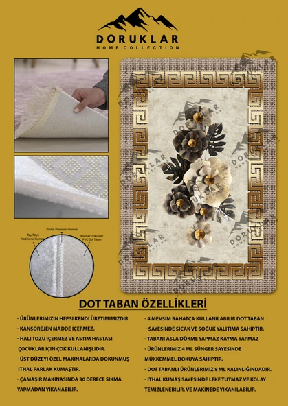 Kaymaz Taban Yıkanabilir Dijital Baskı Ortası Çiçek Desenli Halı - 2