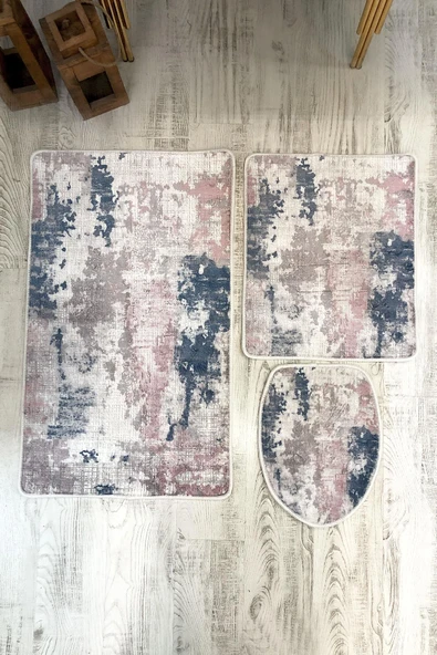 Bambu Kumaş Deri Tabanlı Yıkanabilir Kaymaz Tabanlı Modern Desenli 3'lü Klozet Takımı Banyo Paspas Seti - 2