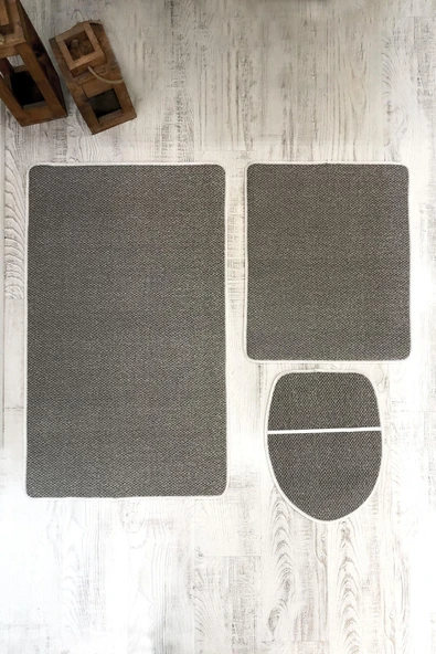 Bambu Kumaş Deri Tabanlı Yıkanabilir Kaymaz Tabanlı Modern Desenli 3'lü Klozet Takımı Banyo Paspas Seti - 3