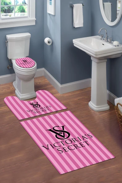 Yıkanabilir Kaymaz Dot Tabanlı Dekoratif Desenli 3'lü Klozet Takımı Banyo Paspas Seti