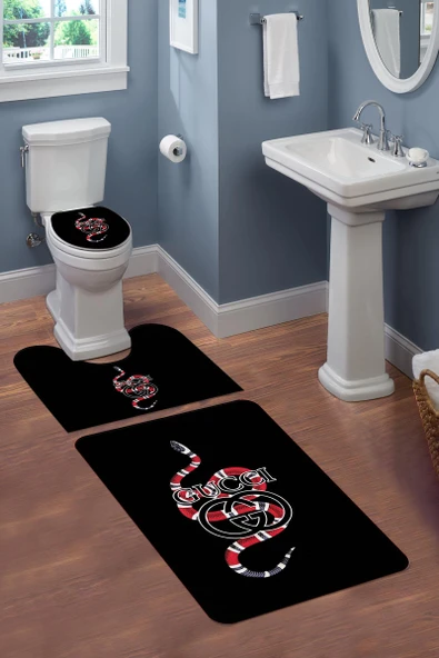 Yıkanabilir Kaymaz Tabanlı Yılan Desenli 3'lü Klozet Takımı Banyo Paspas Seti