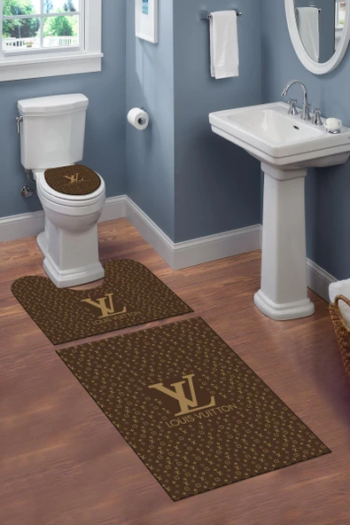 Yıkanabilir Kaymaz Dot Tabanlı Dekoratif Desenli 3'lü Klozet Takımı Banyo Paspas Seti