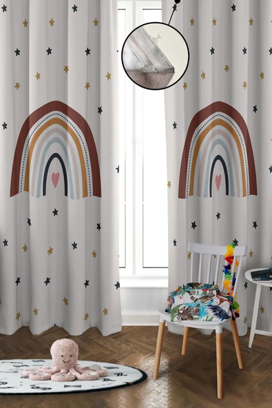 Dijital Baskı Yıkanabilir Gökkuşağı Desenli 2 Kanat Bebek ve Çocuk Odası Fon Perdesi