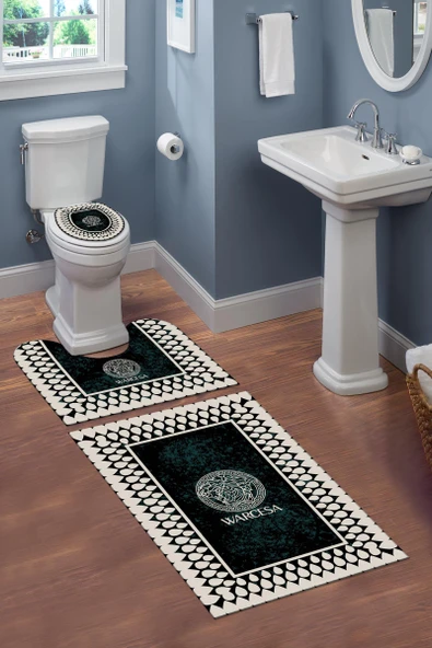 Yıkanabilir Kaymaz Tabanlı Dekoratif Desenli 3 Lü Klozet Takımı Banyo Paspas Seti