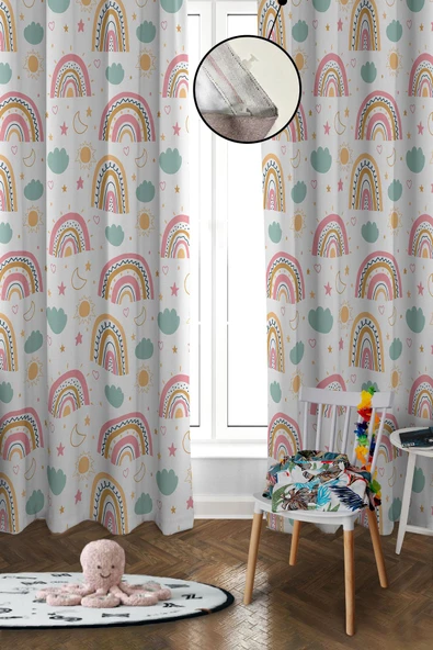 Dijital Baskı Yıkanabilir Dekoratif Modern Desenli 2 Kanat Bebek ve Çocuk Odası Fon Perdesi RB06
