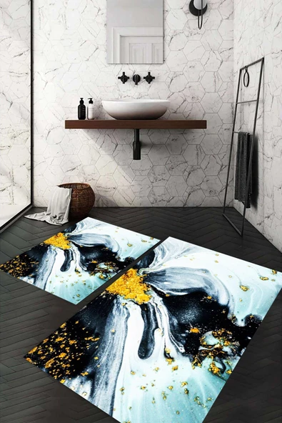 Dijital Baskı Kaymaz Taban Yıkanabilir 2'li Banyo Paspas Takımı - 2