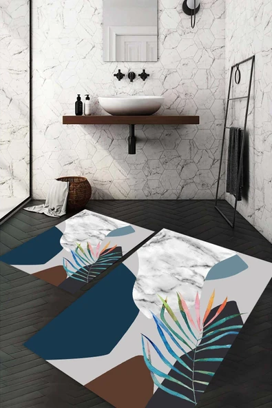 Dijital Baskı Kaymaz Taban Yıkanabilir 2'li Banyo Paspas Takımı - 2