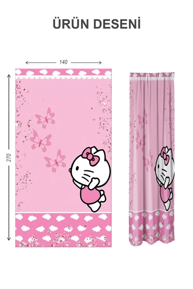 Dijital Baskı Yıkanabilir Hello Kitty Desenli 2 Kanat Bebek ve Çocuk Odası Fon Perdesi - 2