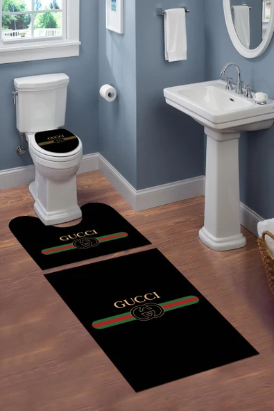 Yıkanabilir Kaymaz Dot Tabanlı Dekoratif Desenli 3'lü Klozet Takımı Banyo Paspas Seti