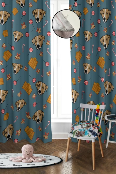 Dijital Baskı Yıkanabilir Köpek Desenli 2 Kanat Bebek ve Çocuk Odası Fon Perdesi