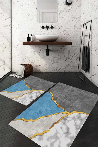 Dijital Baskı Kaymaz Taban Yıkanabilir 2'li Banyo Paspas Takımı - 2