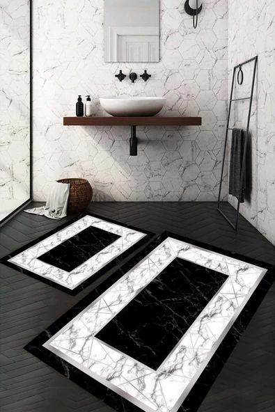 Dijital Baskı Kaymaz Taban Yıkanabilir 2'li Banyo Paspas Takımı - 2