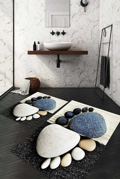 Dijital Baskı Kaymaz Taban Yıkanabilir 2'li Banyo Paspas Takımı - 2