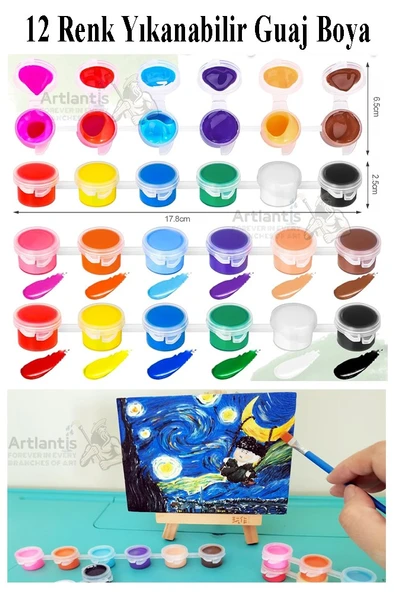 Guaj Boya 3 ml 12 Renk ve Resim Fırçası 3 Paket Mini Küçük Guaj Boya Etkinlik Boyama Boyası Su Bazlı Resim Okul Öncesi - 2