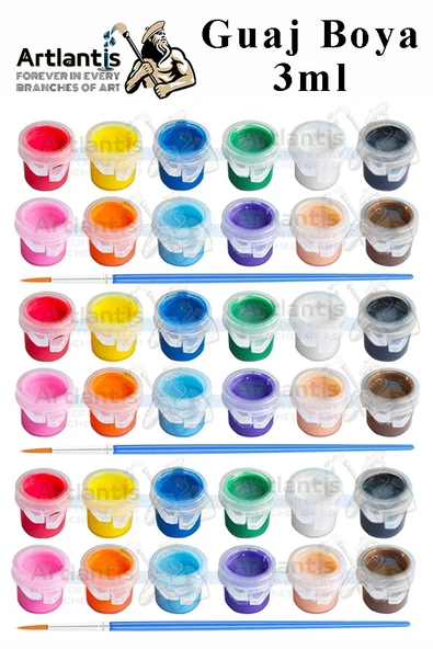 Guaj Boya 3 ml 12 Renk ve Resim Fırçası 3 Paket Mini Küçük Guaj Boya Etkinlik Boyama Boyası Su Bazlı Resim Okul Öncesi