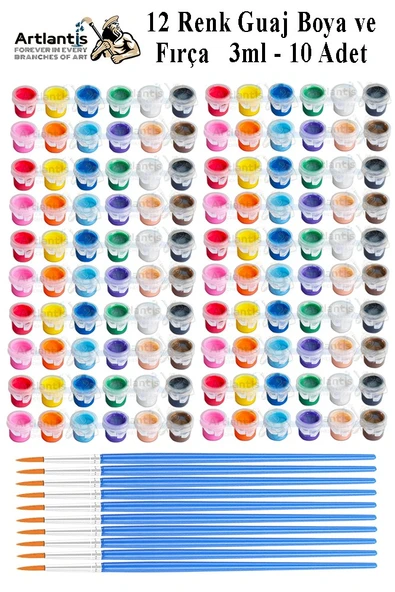 Guaj Boya 3 ml 12 Renk ve Resim Fırçası 10 Paket Mini Küçük Guaj Boya Etkinlik Boyama Boyası Su Bazlı Resim Okul Öncesi