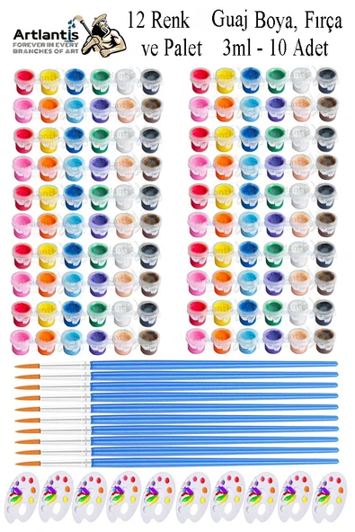 Guaj Boya 3 ml 12 Renk Resim Fırçası ve Paleti 10 Paket Mini Küçük Guaj Boya Etkinlik Boyama Boyası Su Bazlı Resim Okul