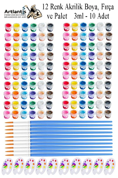 Akrilik Boya 3 ml 12 Renk Resim Fırçası ve Paleti 10 Paket Mini Küçük Akrilik Boya Taş Ahşap Seramik Tuval Alçı Tuval ürün görseli