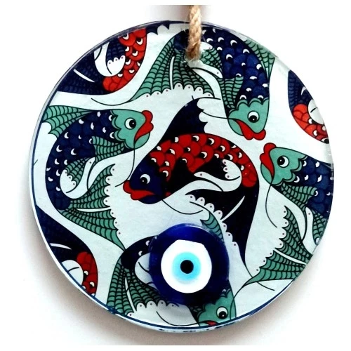 Balık Desenli Nazar Boncuklu Füzyon Cam Duvar Dekoru - 3