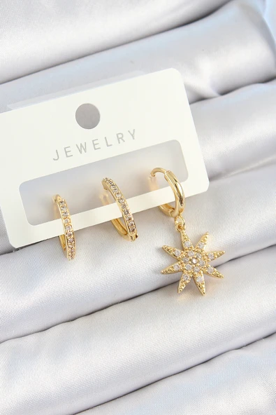 Pirinç Zirkon Taşlı Kutup Yıldızı Model Gold Renk 3'lü Çift Kadın Küpe Set - TJ-BKP10820