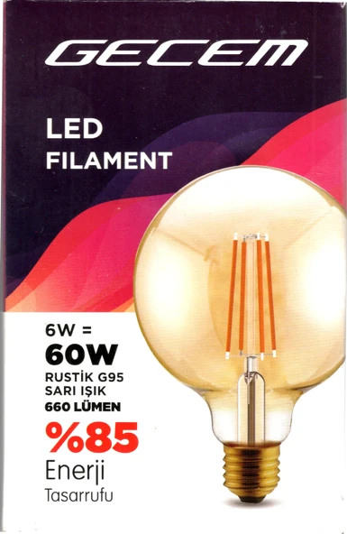 GECEM G95 AMBER 6w E-27 Fılament Rustik Led Ampul 2700K (BALON) 660lm ürün görseli