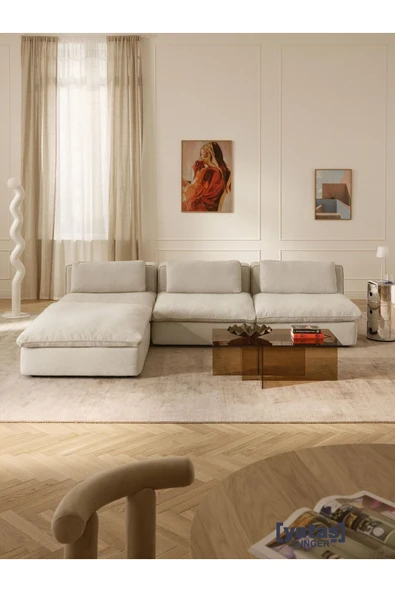 Mobilya Stant Most Mollirest 4 Modül Köşe 01 Kırık Beyaz Keten Kumaş Silikon Dolgu Minder(Evinize Teslim) ürün görseli