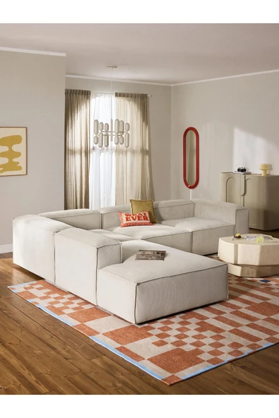 Mobilya Stant Most Mollis Pro 4 Modül Sol Köşe Koltuk Fitilli Kırık Beyaz Kadife Yumuşak Sünger(Evinize Teslim) - Resim 2