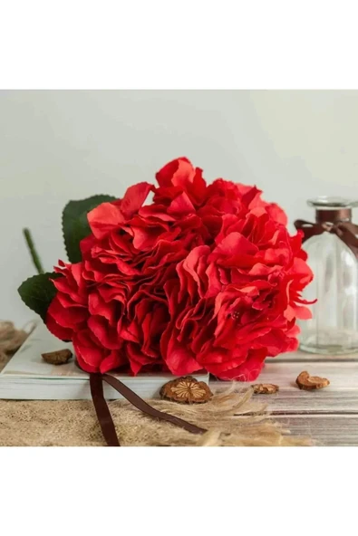 Kırmızı Yapay Ortanca 5 Dallı Vazo Saksı Dekor Çiçeği - Resim 2
