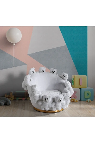 Mobilya Stant Most Teddy Kids Beyaz Ayıcıklı Peluş Kumaş Döner Berjer (Evinize Teslim) - Resim 2
