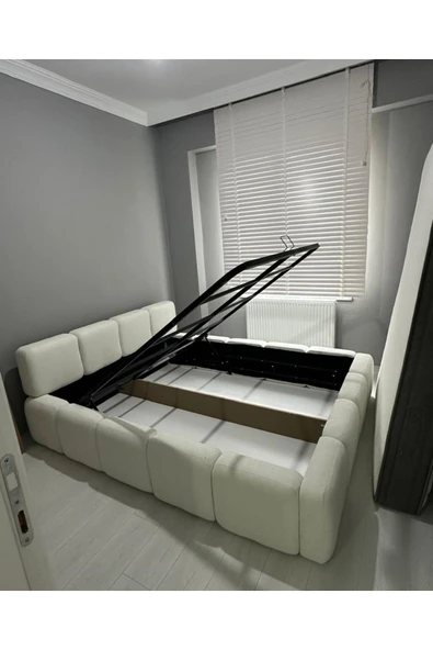 Mobilya Stant Most Oktagon Bazalı Karyola Beyaz Bukle Kumaş İşbir Kuştüyü Sünger 180x200 Yatak İçin(Kurulum Dahil) - Resim 2