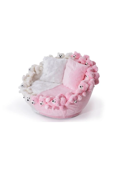 Mobilya Stant Most Teddy Kids Pro Ayıcıklı Beyaz-Pembe Peluş Kumaş Döner Berjer (Evinize Teslim) - Resim 6