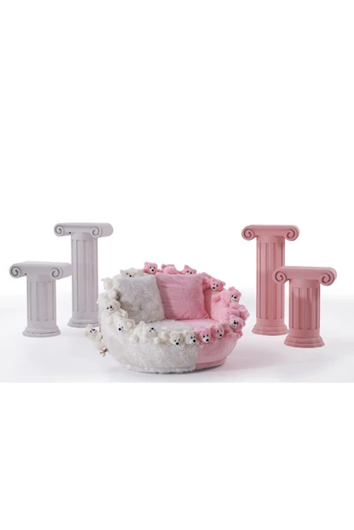 Mobilya Stant Most Teddy Kids Pro Ayıcıklı Beyaz-Pembe Peluş Kumaş Döner Berjer (Evinize Teslim) - Resim 2