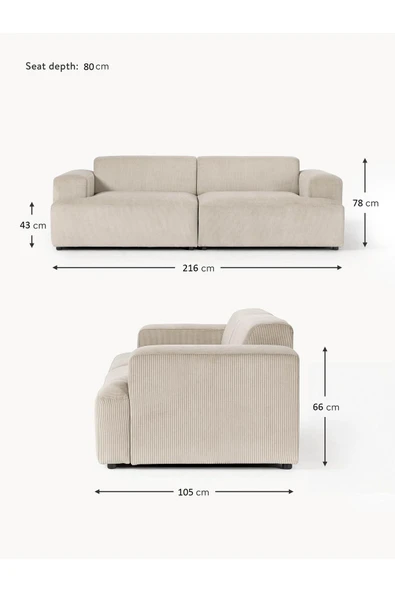 Mobilya Stant Most Mollista 2 Modül Kanepe Koltuk Ekru Fitilli Kadife Kumaş Yumuşak Sünger (Evinize Teslim) - Resim 7