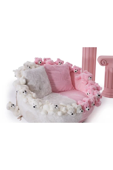 Mobilya Stant Most Teddy Kids Pro Ayıcıklı Beyaz-Pembe Peluş Kumaş Döner Berjer (Evinize Teslim) - Resim 7