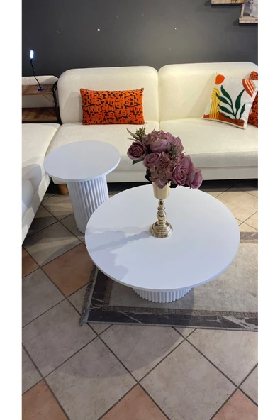 Mobilya Stant Most Bohem Orta Sehpa Beyaz 2'li Set %100 Ahşap 85 Cm. Çap (EVİNİZE TESLİM) - 7