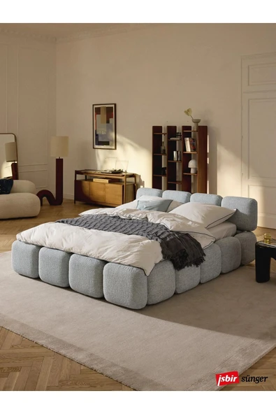 Mobilya Stant Most Oktagon Bazalı Karyola Gri Bukle Kumaş İşbir Kuştüyü Sünger 180x200 Yatak İçin(Kurulum Dahil) ürün görseli