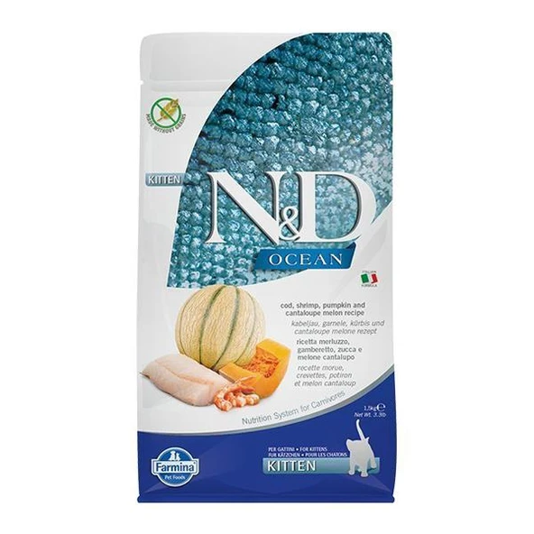 ND Ocean Morina Balığı Bal Kabağı Karides ve Kavunlu Tahılsız Yavru Kedi Maması 5 Kg