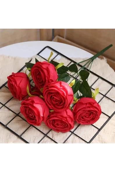 Yapay Çiçek 9lu Kat Kat Gül Demeti 42 Cm kırmızı lodos gülü - 2