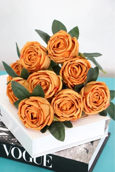 Yapay Çiçek 9lu Kat Kat lodos Gül Demeti 42 Cm Kahve-turuncu ürün görseli