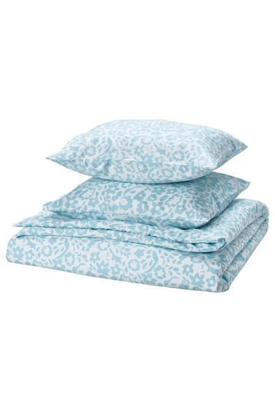 IKEA CYMBALBLOMMA beyaz-mavi 240x220/50x60 cm çift kişilik nevresim seti