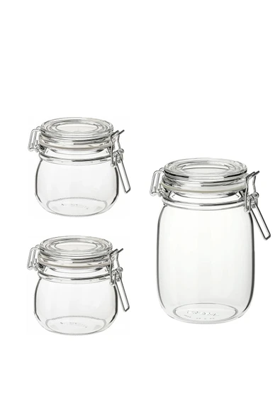 IKEA 3 Adet Saklama Kavanozu (1 Adet 1 litre ve 2 Adet 0.5 Litre) İkea 3'lü Cam Kavanoz Sızdırmaz Kapak
