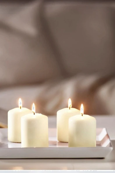 IKEA 4'lü Kokusuz Naturel Blok Mum ve 1 Adet Mum Tabağı - 3