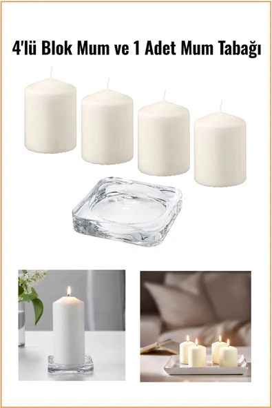 IKEA 4'lü Kokusuz Naturel Blok Mum ve 1 Adet Mum Tabağı - 1