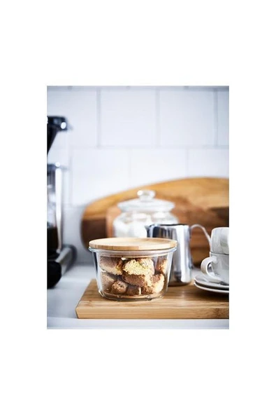 IKEA 365+ 600 Ml 14x9 Cm Yuvarlak Bambu Kapaklı Vakumlu Cam Gıda Saklama Kabı Cam - Bambu - 2
