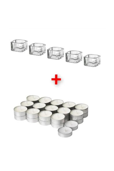 IKEA 30 Adet Kokulu Tealight Mum + 5 Adet Cam Mumluk 5X5 Cm İkea Dekoratif Mum Seti